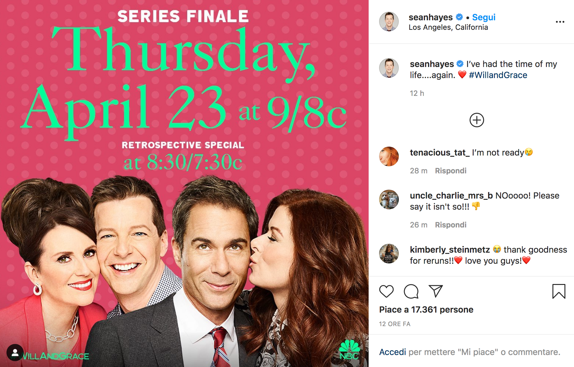 Dal profilo Instagram di Sean Hayes, l'annuncio del grande finale di Wll & Grace