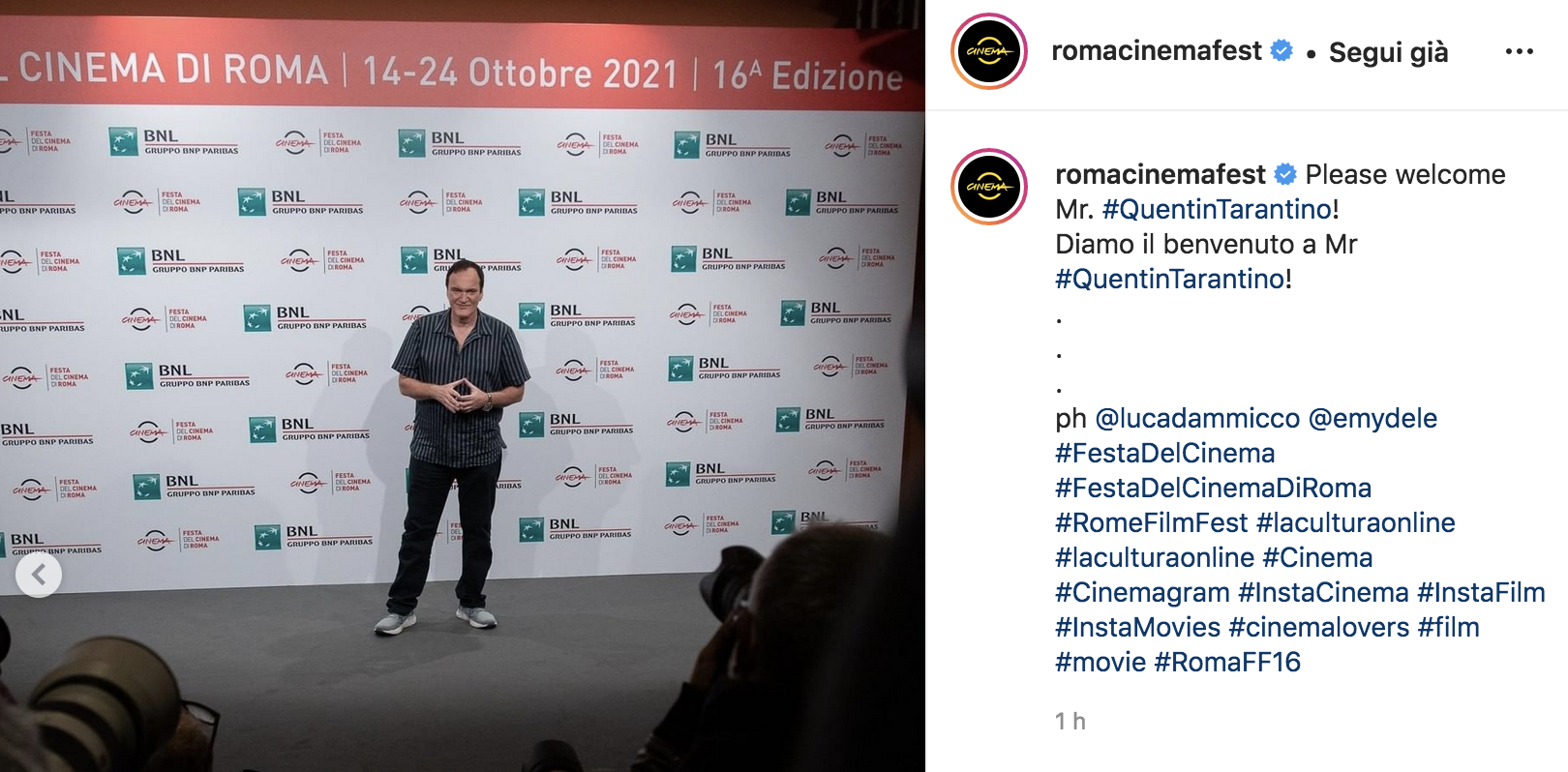 Tarantino alla Festa del Cinema di Roma 2021