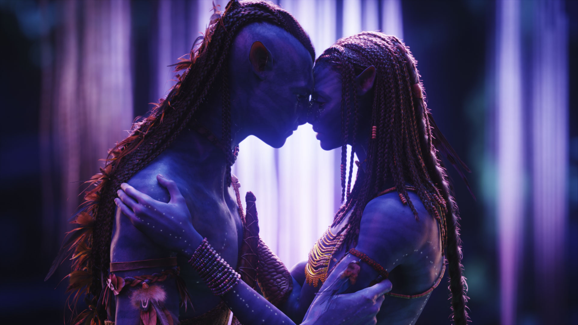 Jake Sully (doppiato da Sam Worthington) and Neytiri (doppiata da Zoe Saldana) in Avatar