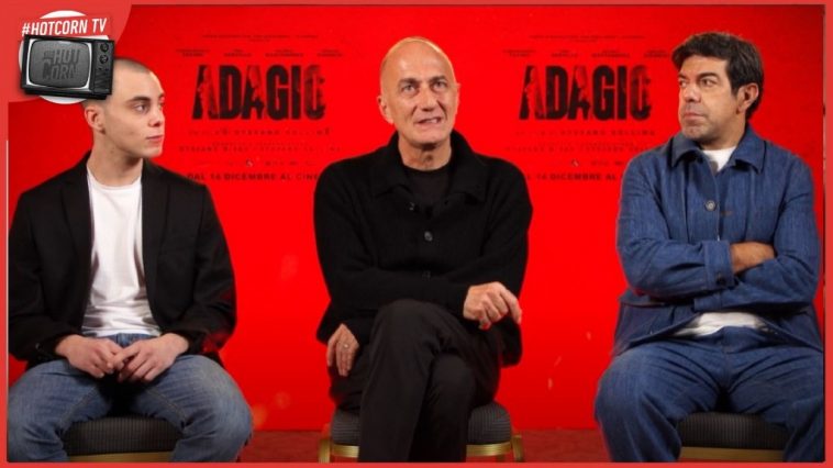 Stefano Sollima, Pierfrancesco Favino e Gianmarco Franchini in un momento della nostra intervista per parlare di Adagio, ora al cinema