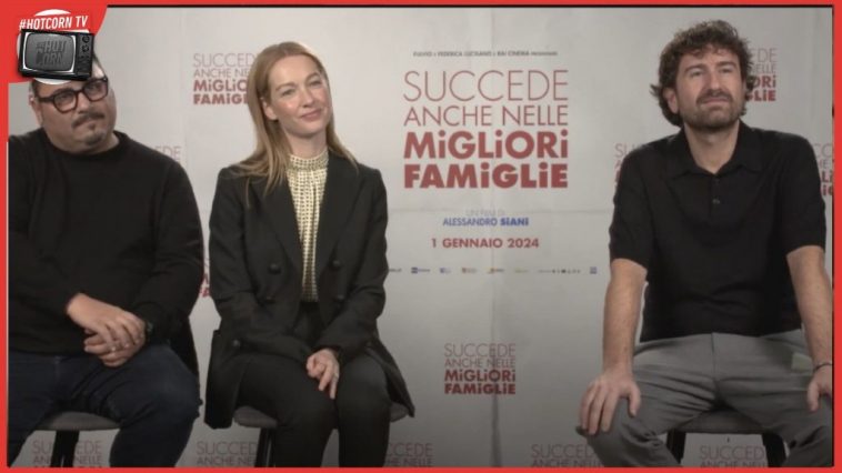 Sergio Friscia, Cristiana Capotondi e Alessandro Siani in un momento della nostra intervista per parlare di Succede anche nelle migliori famiglie, al cinema dall'1 gennaio