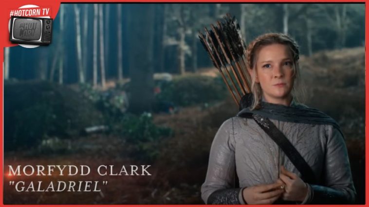 Morfydd Clark nel costume di scena di Galadriel in un momento del backstage de Il Signore degli Anelli: Gli Anelli del Potere, dal 29 agosto su Prime Video