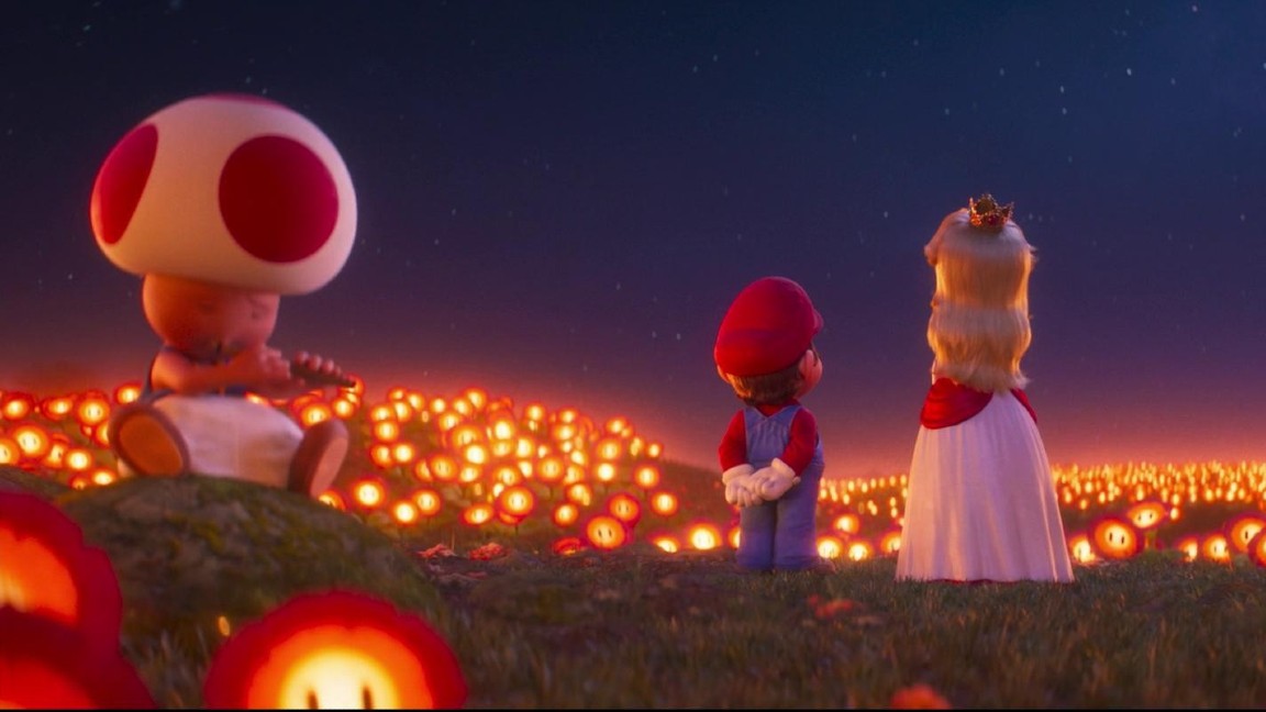 Toad, Mario e Peach in un momento del film