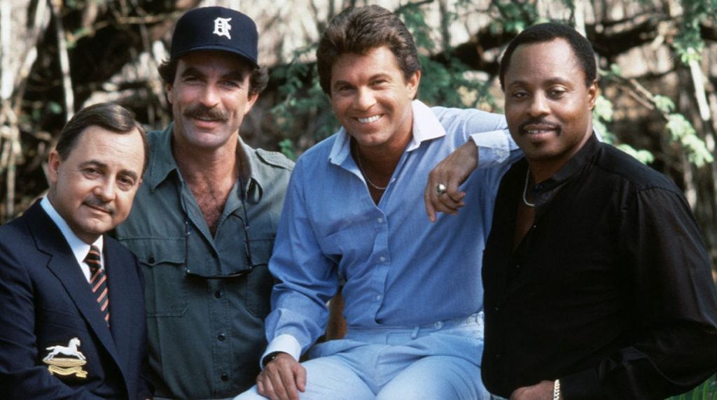 John Hillerman, Tom Selleck, Larry Manetti and Roger E. Mosley in Magnum, P.I.